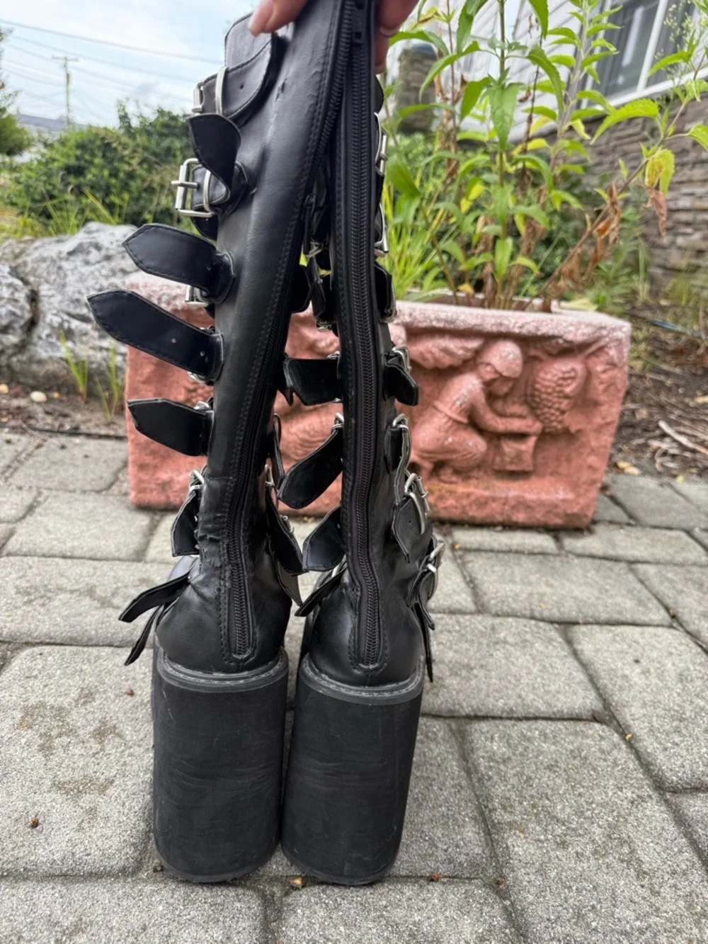 Black Platform Studded Buckle Boots - Women